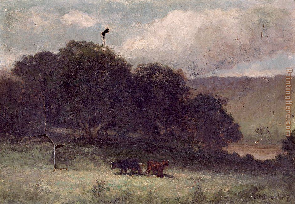 landscape with trees and two cows in meadow painting - Edward Mitchell Bannister landscape with trees and two cows in meadow art painting
